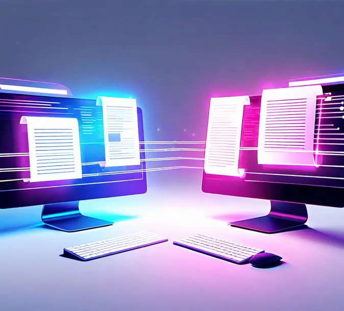 Two modern computers connected, with animated streams or glowing lines carrying documents, text snippets, and pages moving between them.