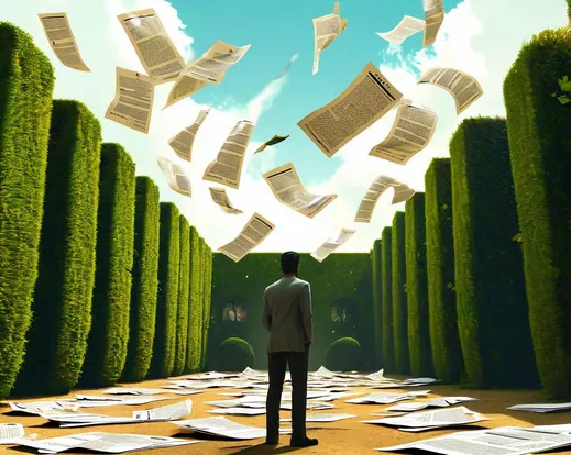 A man standing outside a walled garden with tall, neatly trimmed hedges towering above him, newspaper pages flying around