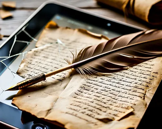 an old paper with poetry written on it and a quill pen in front of a tablet that has a broken screen