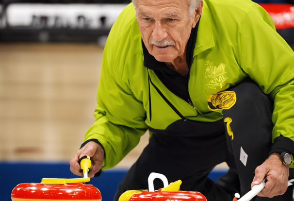 A man curling on ice at the Olympics, photorealistic