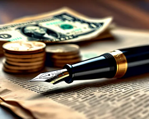 A close-up of a fountain pen resting on a broadsheet newspaper, next to a stack of coins and folded banknotes