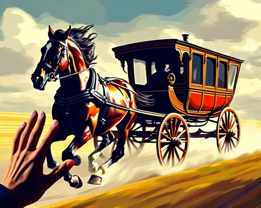 A runaway horse-drawn coach charging at full speed, being brought to a halt by a single raised hand in the foreground