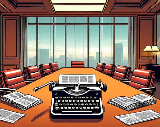 a typewriter and newspaper placed at the table of a big corporate boardroom