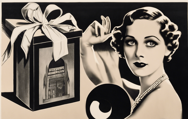 plain cardboard box, gifttag with an eye, 1920s film poster, black and white, hi def 