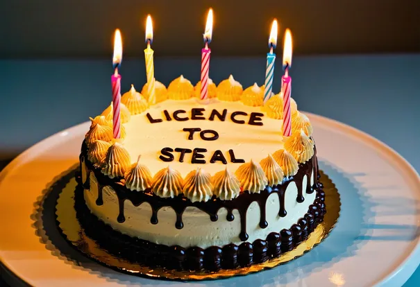 a birthday cake that has LICENCE TO STEAL written on it, with five candles surround it