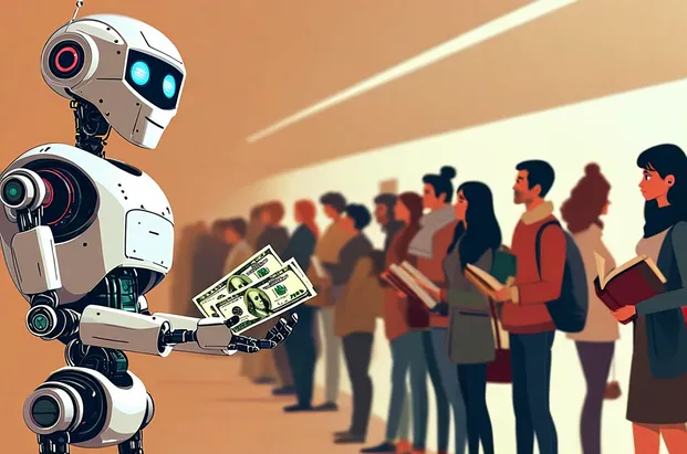 A robot waiting to count out money to a queue of people in a line. All the people are holding books.