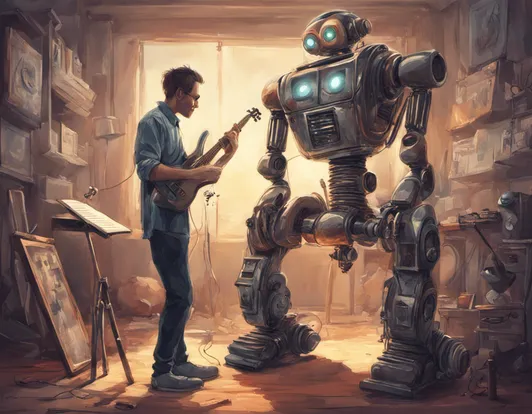 robot and a man playing musical instruments