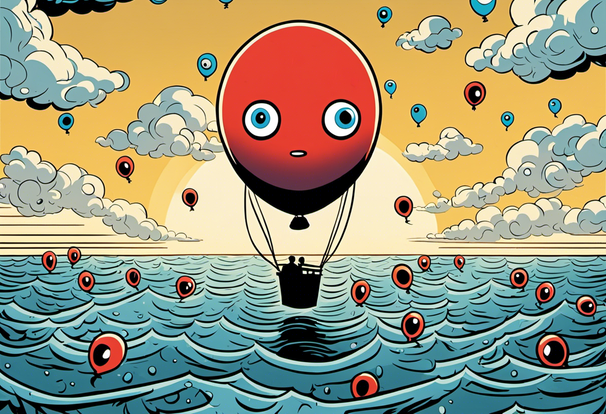  a balloon full of eyes floating across an ocean, comic book style, clinical, warm