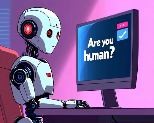 A humanoid robot sitting at a desk in front of a computer, staring at the screen with a checkbox next to a message saying "Are you human?"