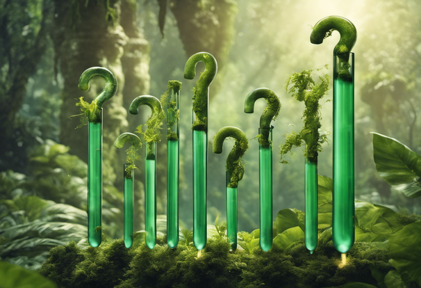 Question mark shaped test tube, jungle, fantasy, low definition, 1920s movi