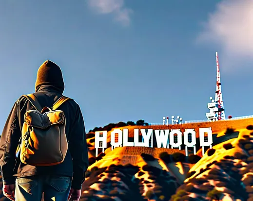 sneaky thief with a bag on his back looking up at the Hollywood sign