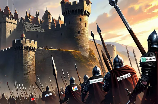 Medieval soldiers with spears and shields, some with logos like Google, march towards a castle.