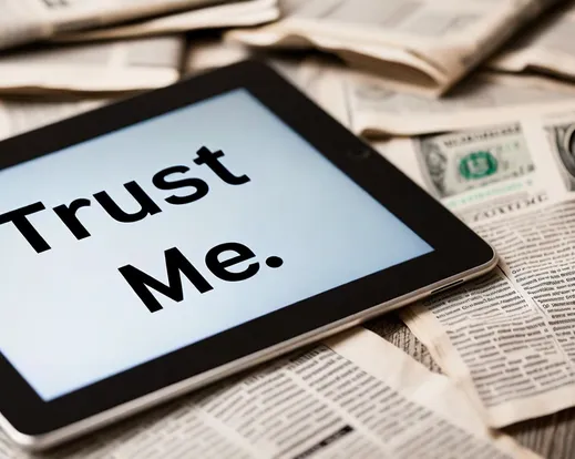 a tablet with the words trust me next to a lot of newspapers