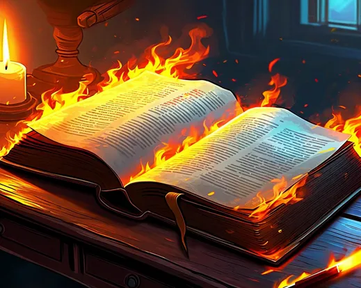 A rulebook open on a desk with the pages on fire

