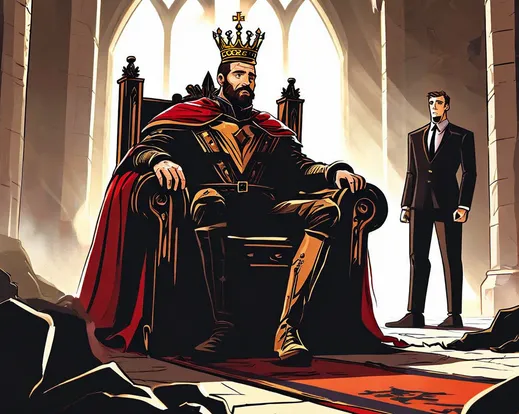 a medieval lord sitting on a throne with a victorious crown while behind him there is a defeated modern man in a suit