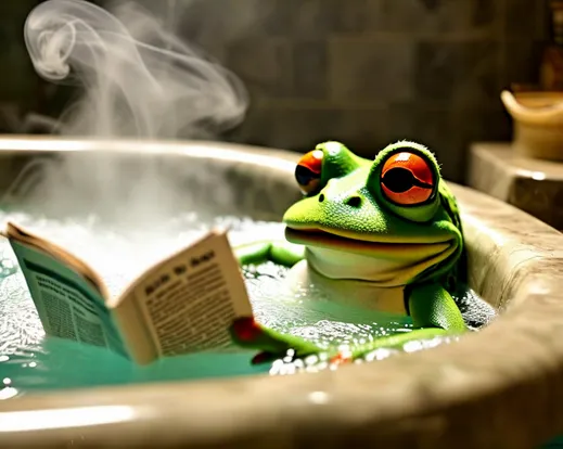 a puppet frog luxuriating in a large steaming hot tub while reading a newspaper - lots of steam