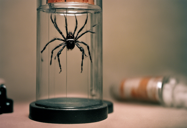 a spider inside a test tube with the top closed, 1960s science fiction movie