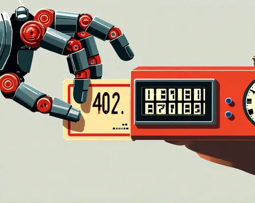A retro punch-card time clock with "402" stamped on the card being inserted by a robot hand