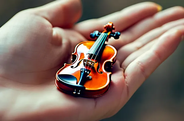A very small tiny violin being held in a human hand.