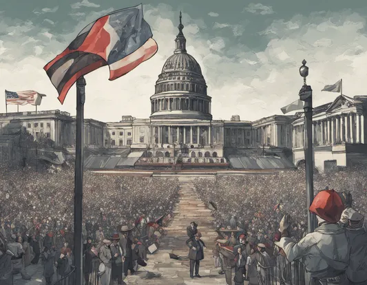 A huge crowd of people standing in front of a building with flags in the background