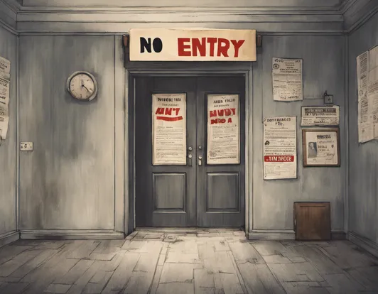 a sign that says NO ENTRY in front of a room with newspapers in it