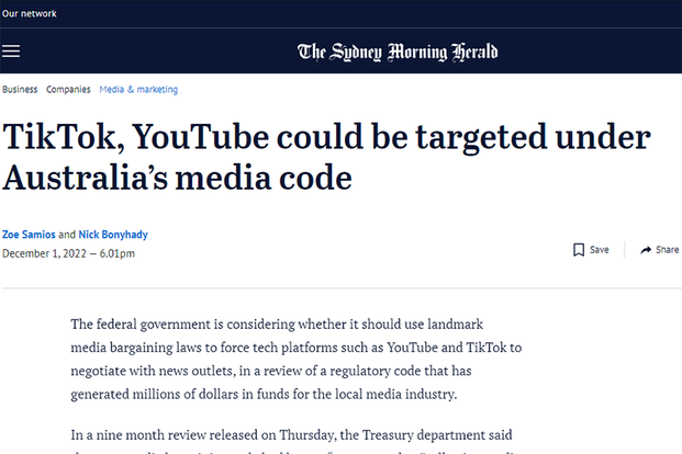 TikTok and YouTube could be targeted under Australia's media code