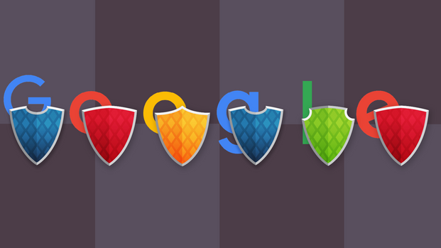 6 shields with the same colors as the Google logo
