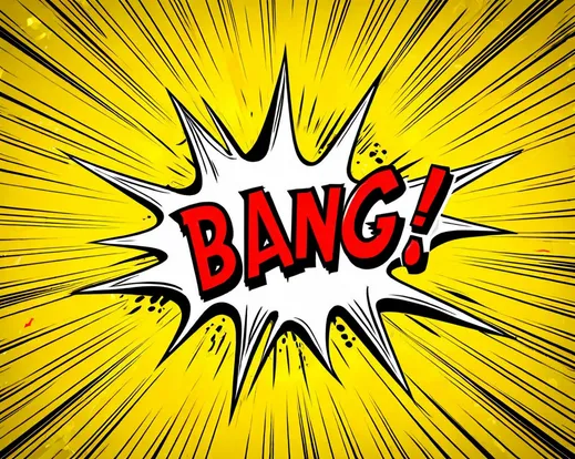 A massive yellow starburst explosion with jagged spikes, comic book style, BANG written in bold black letters