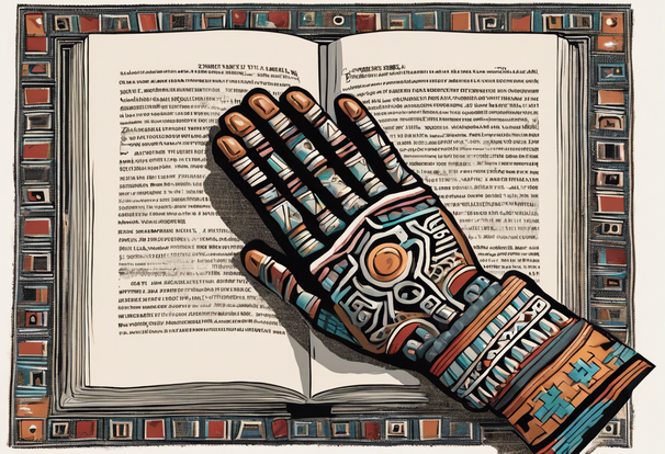 a haptic gloved hand resting on a book, aztec art