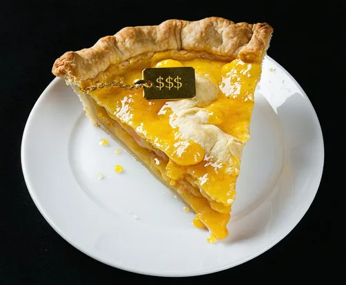 a plate with one piece of pie on it, on that piece of pie there is a golden tag with $$$