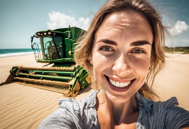 Travel blogger and a combine harvester on a beach