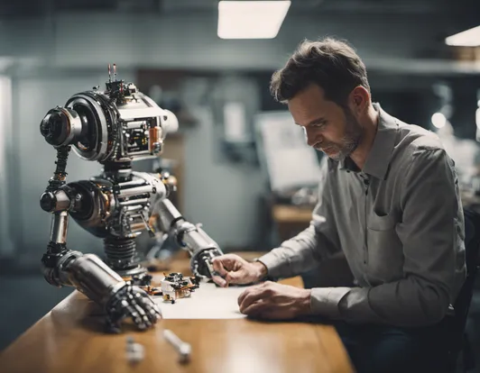 a man analysing a robot