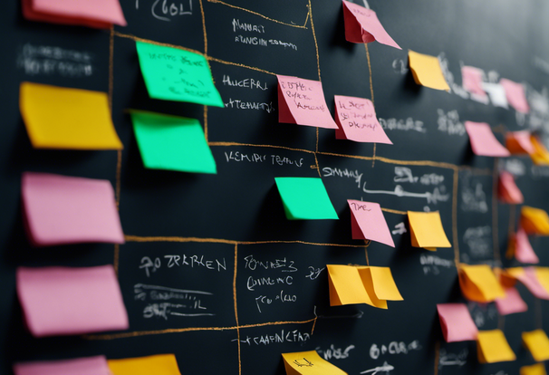 A blackboard with a bunch of sticky notes on it, a wireframe diagram