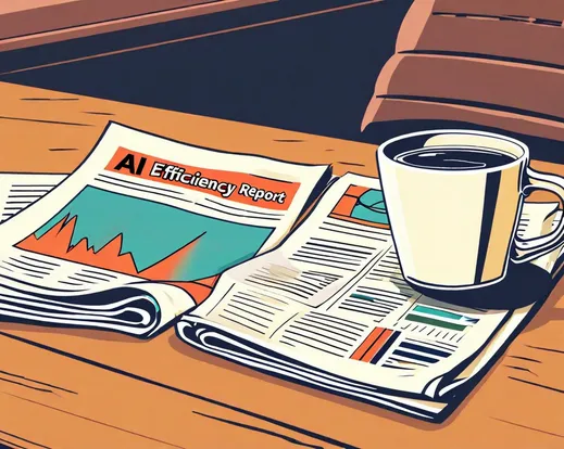 a table with a coffee mug on it and a newspapers that says AI efficiency report