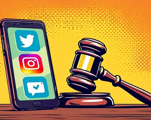 Judge's gavel next to a smartphone screen showing social media icons
