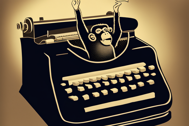 Monkey with a vintage typewriter, pointillism, by Stable Diffusion