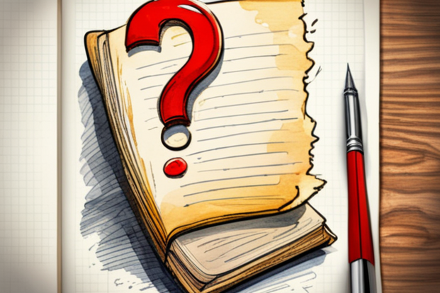 Watercolor illustration  of a writer's notebook with a question mark drawn inside by Stable Diffusion