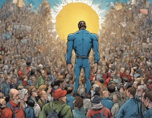 A tall man looking away from the sun surrounded by people