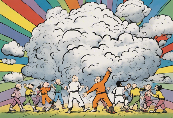 a cartoon cloud of fighting fists and feet with a rainbow shining behind, illustrated by hergé, style of tin tin comics, pen and ink