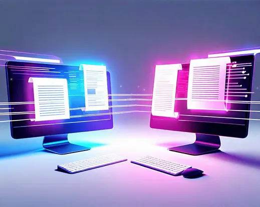 Two modern computers connected, with animated streams or glowing lines carrying documents, text snippets, and pages moving between them.