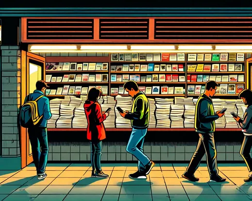 A vintage newsstand full of papers, but all the customers walking past are staring at their phones, nobody stopping.