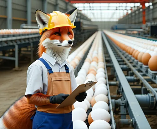 A fox in a hard hat standing in front of an egg conveyor belt, holding a clipboard