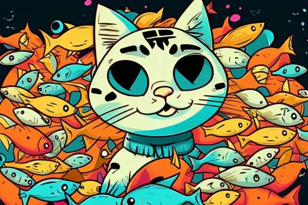 A cartoon style cat surrounded by fish 