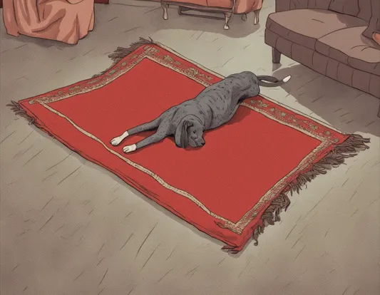 A grey dog sleeping on a rug in the living room