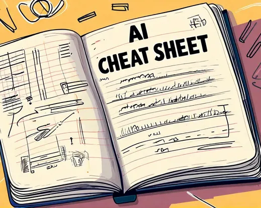 an open notebook that has the title AI CHEAT SHEET written on a page, and underneath there are different scribbles