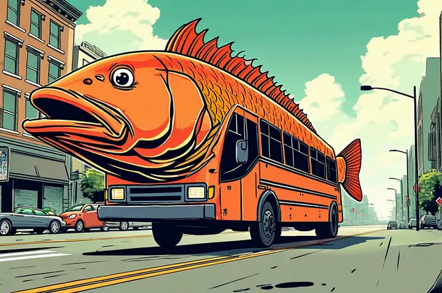 A giant cod driving down a street like a bus