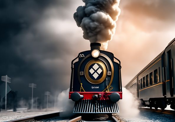 A blue train in a cloudy town with smoke above it