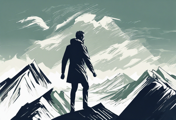 Man at the summit of a mountain screams into the wind, corporate art style
