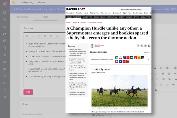 Glide Live Reporting tool plus Racing Post Example