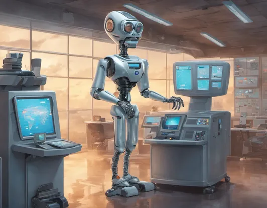 a robot that works in a meteorologist station with the screens showing the weather report